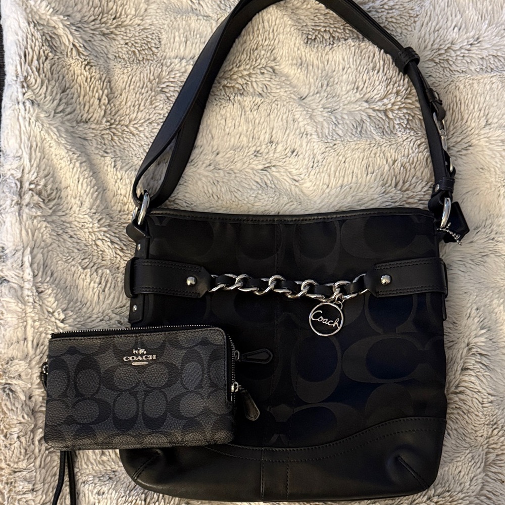 Coach Black and Gray Shoulder Bag with Wristlet